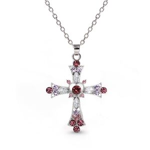 Cross Pendant Silver Necklace with Pink Stones